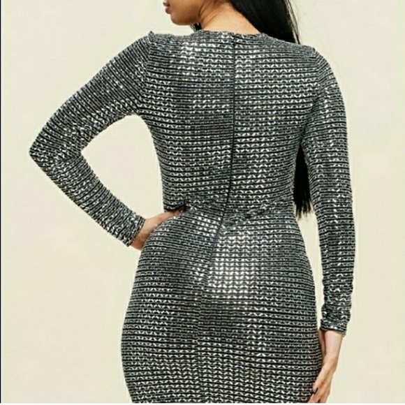 Long Sleeve Green Black Metallic Formal Midi Party Dress - Picture 3 of 4